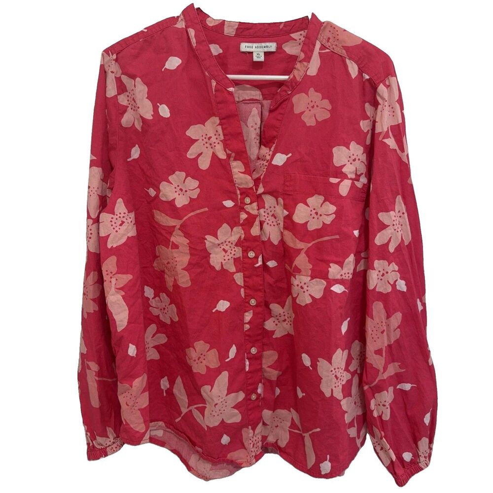 Free Assembly Pink Cotton Button Front Blouse Women's XL Coastal Bright Shirt - Picture 2 of 9